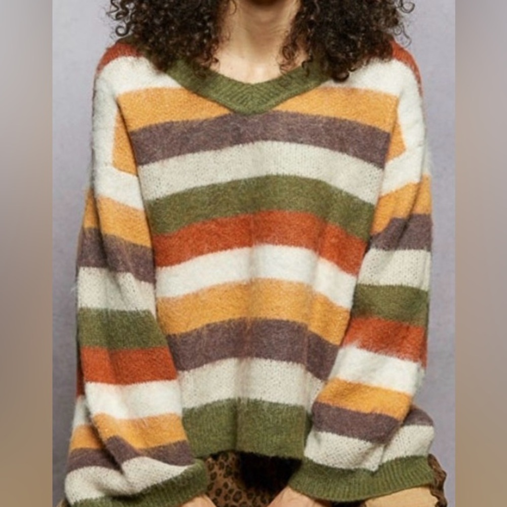 💛 🤎BRAND NEW!! POL V-Neck Playful Multi Striped Sweater 💛 🤎